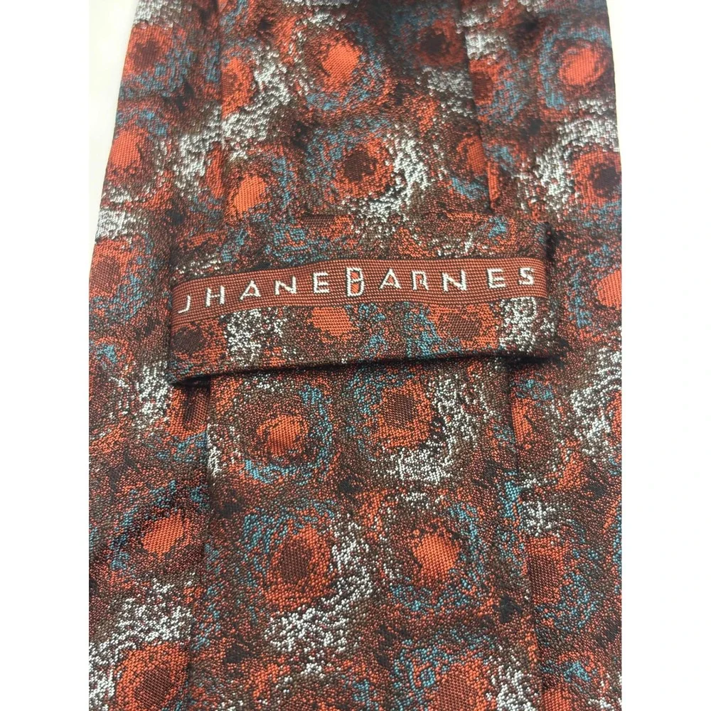 Jhane Barnes Mens Silk Necktie Rust Orange Blue Abstract Geometric Pattern Tie